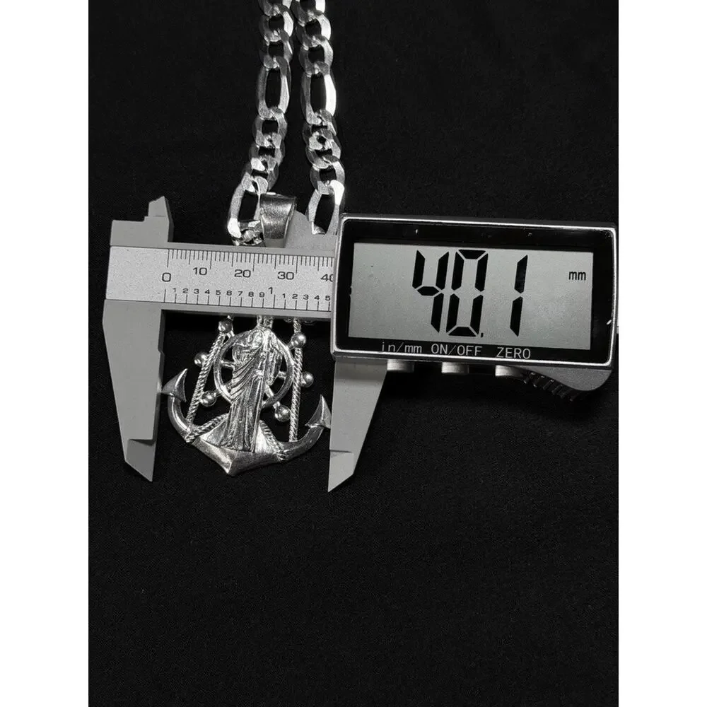 925 Sterling Silver Saint Jude Anchor Pendant Necklace 23 Inch 8.6mm Figaro